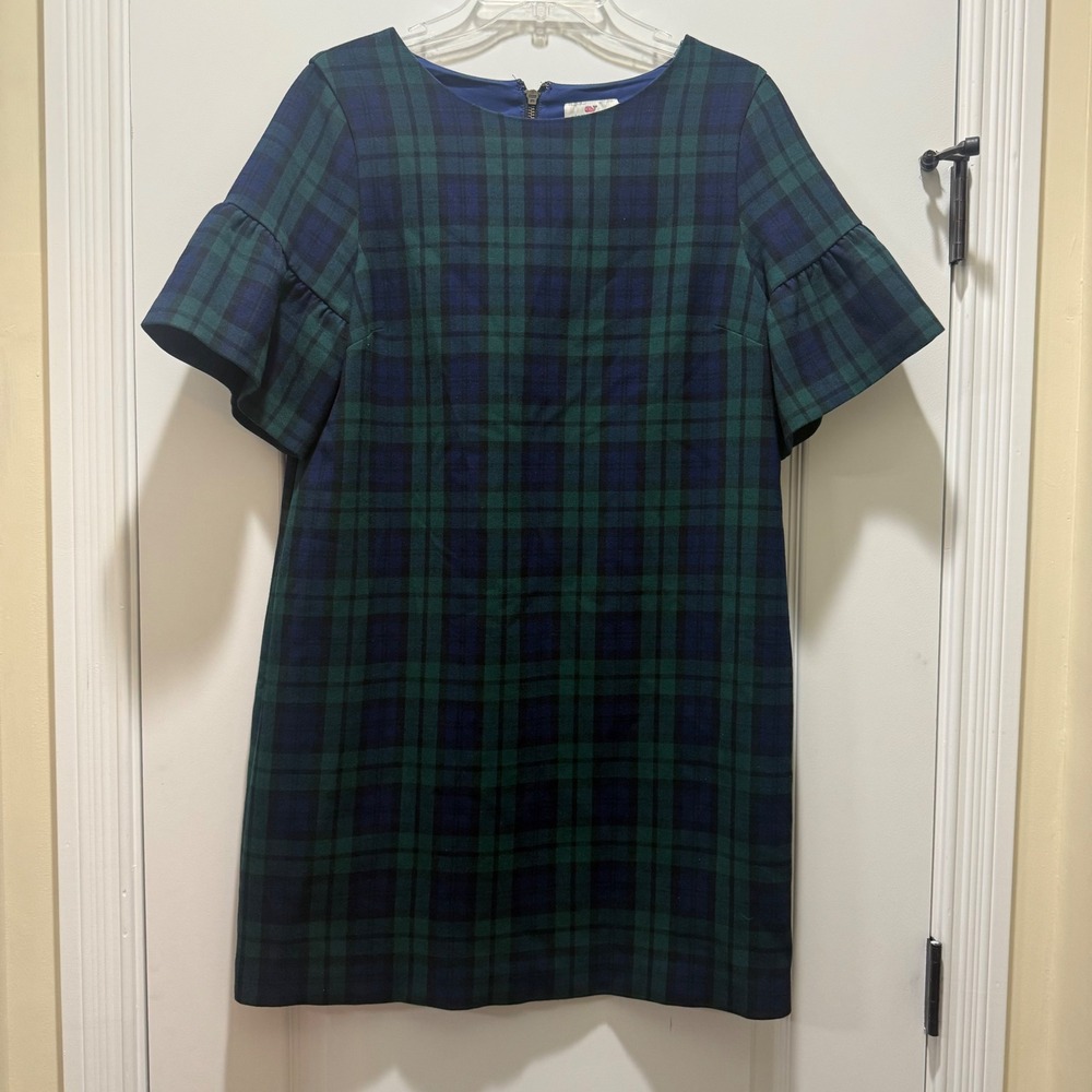 Vineyard Vines Black Watch Plaid Ruffle Sleeve Shift Dress Navy Green Size 6